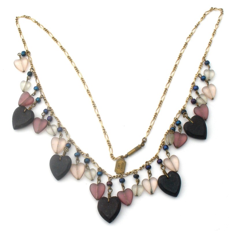 Pididdly Links Brass Glass Heart Necklace Black & Purple Hearts Figaro Chain 24″