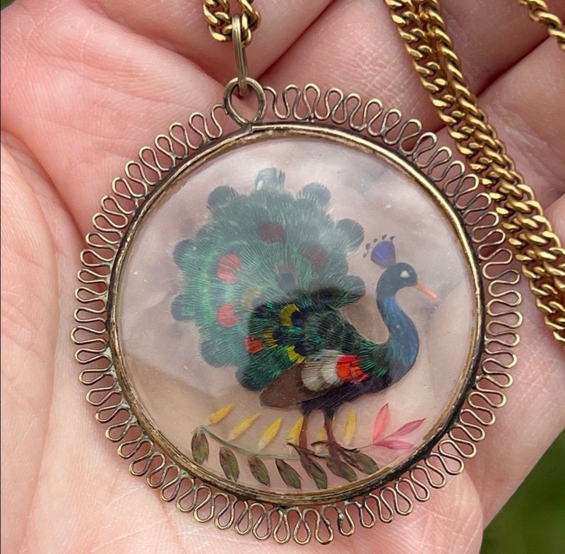 Victorian Handmade Double Sided Peacock Feather 10k Pendant Gold Filled Chain gallery