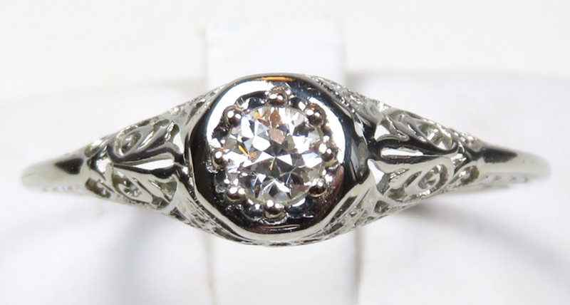 Antique Art Deco 18KW Diamond Engagement Filigree Ring Size 9 UK-R1/2 EGL USA