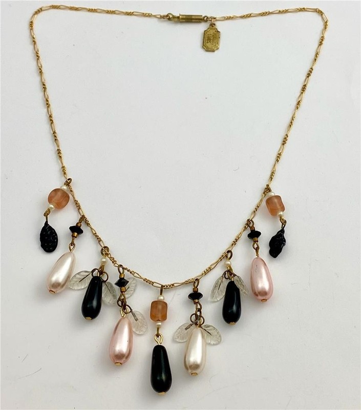 Vintage Pididdly Links Black Glass & Pearl Drops Clear Leaves Charm Necklace