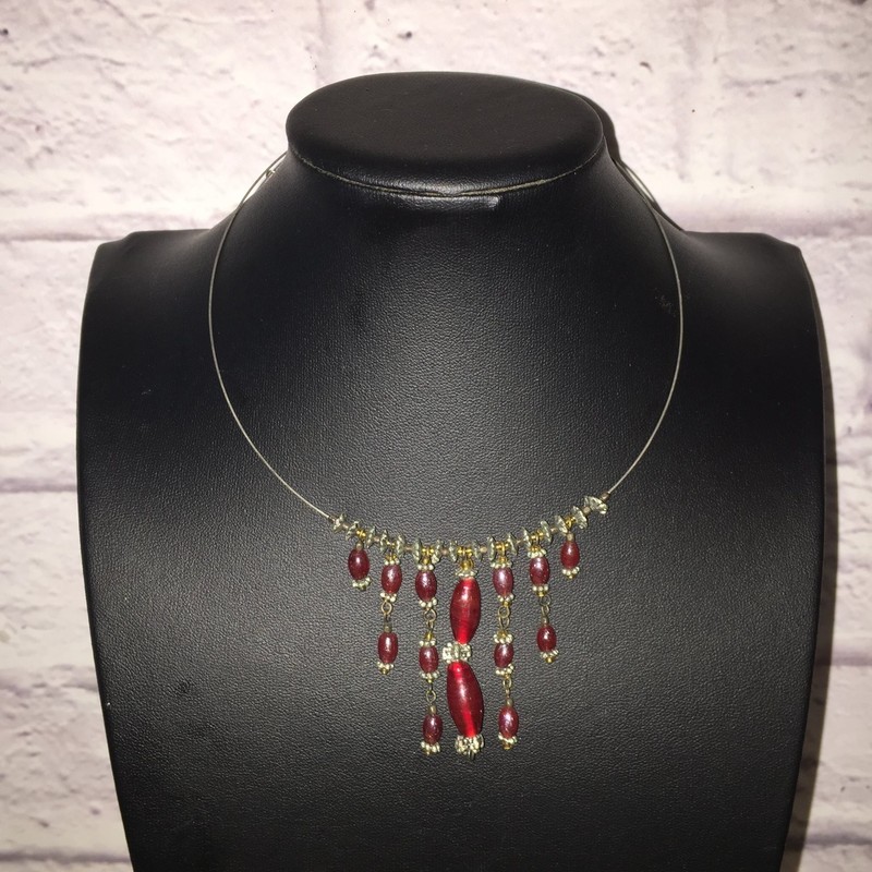 Vintage Dangle Bib Necklace Silver Tone Red Acrylic Choker Statement