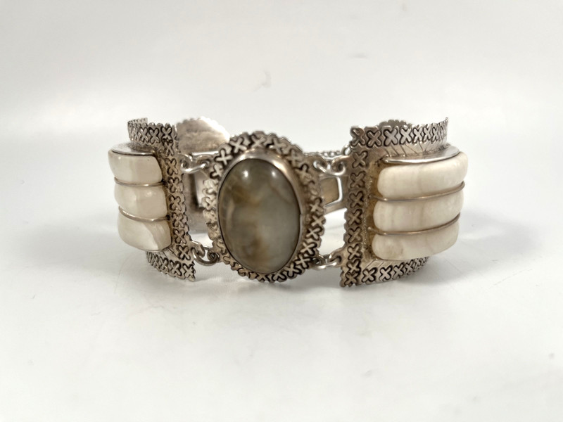 VINTAGE SILVER MEXICO BEIGE & WHITE AGATE PANEL BRACELET 7.25