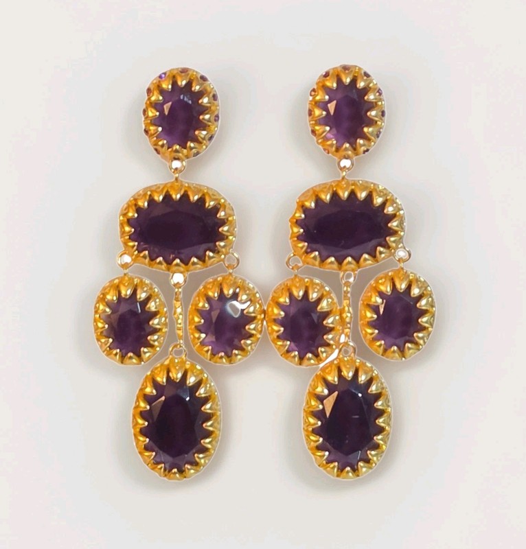 VTG PJM AMETHYST GLASS DANGLE DROP CHANDELIER EARRINGS SIGNED