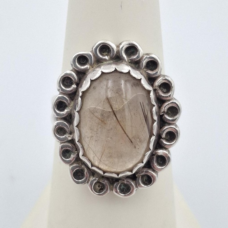 Vintage 925 Sterling Silver Oval Cabochon Rutilated Quartz Cocktail Ring sz 6.5