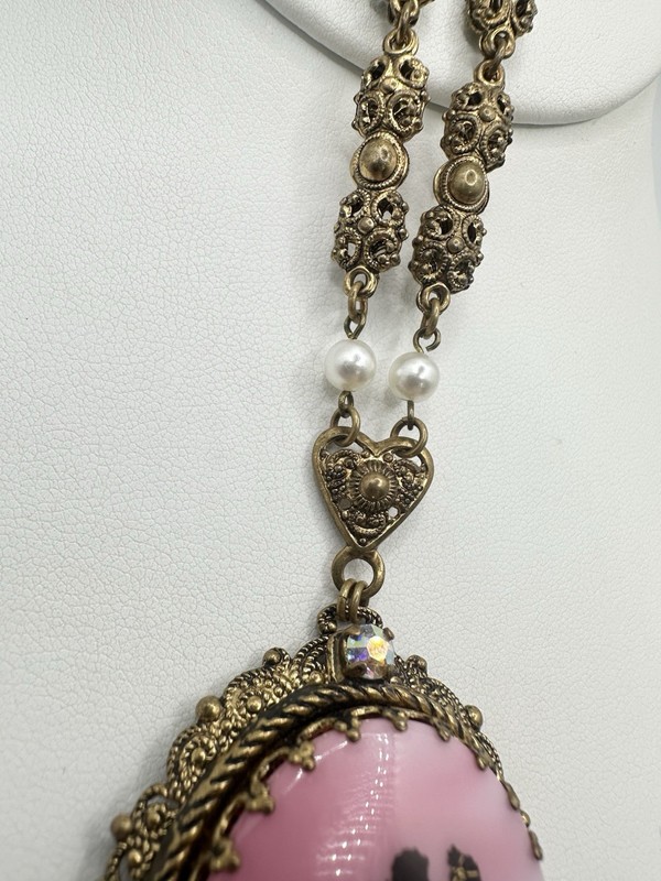 VTG Antique West Germany Couple Painted Bright Pink 32in Necklace Signed Read gallery