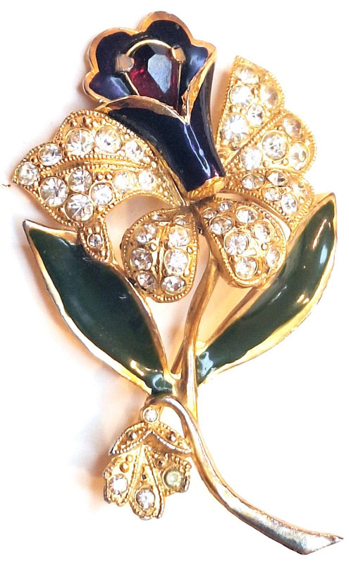 Vintage Coro Red Navy Blue Green Enamel Flower Art Deco Goldtone Rare Brooch