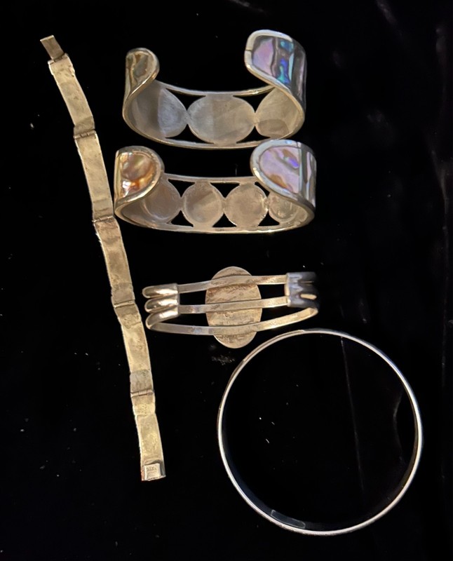 5 pc Vintage 60s 70s Alpaca Silver Mexico Abalone Cuff Bangle Panel Bracelet Lot gallery