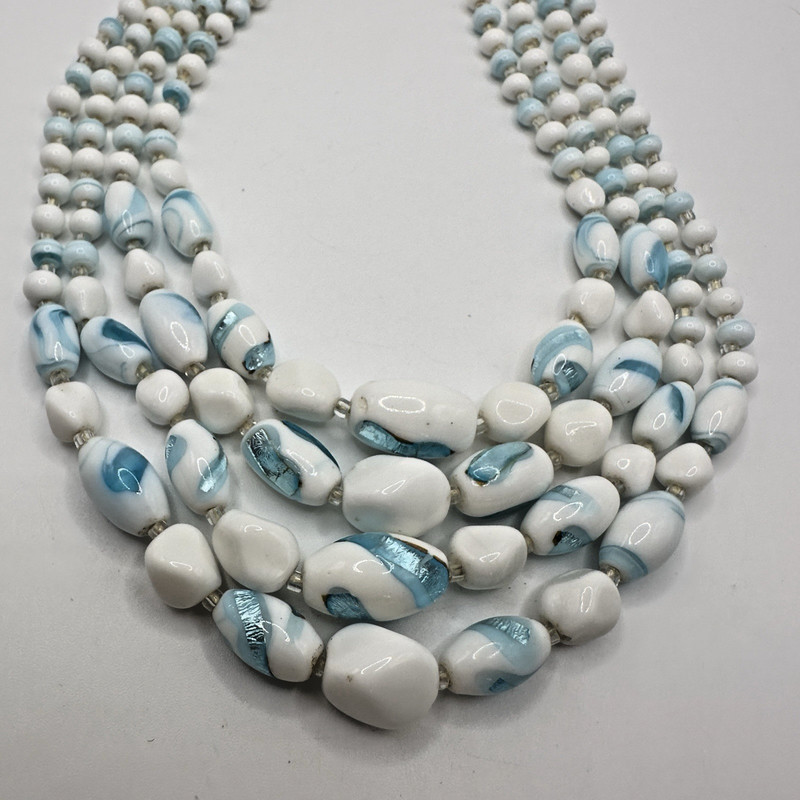 Vintage Multi 4 Strand Necklace Blue White Art Glass Beaded 17" Choker Bib Japan gallery