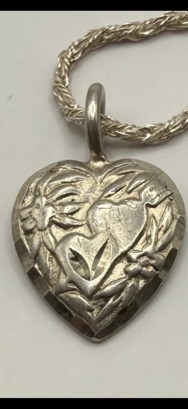 Sterling Silver Vintage Pendant Carved Heart Flower Chain Sterling Silver Italy