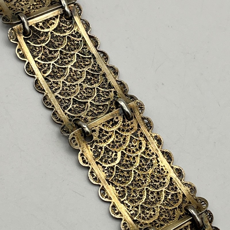 Vintage Sterling Silver Vermeil Filigree Panel Bracelet 19.2g Gold Wash 7" gallery