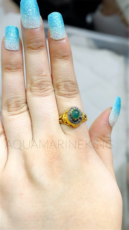 Natural Emerald & Diamond Ring, 14k Gold Plated Victorian Jewelry Gift For Her gallery