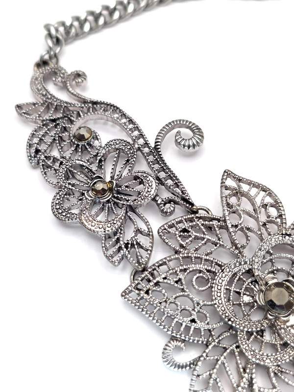 Floral Filigree Statement Necklace Silver Tone Black Rhinestone Bib Choker gallery