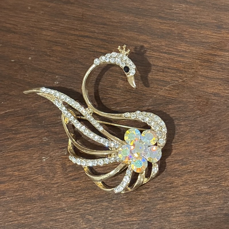 Vintage Swan Rhinestone Brooch 1.5 Inchx2inch Gold Base And Silver/White Stones