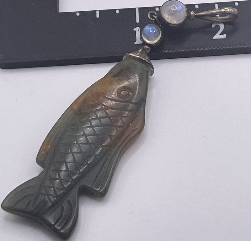Vintage Sajen Fish Pendant Handcarved Stone Moon Stones Sterling
