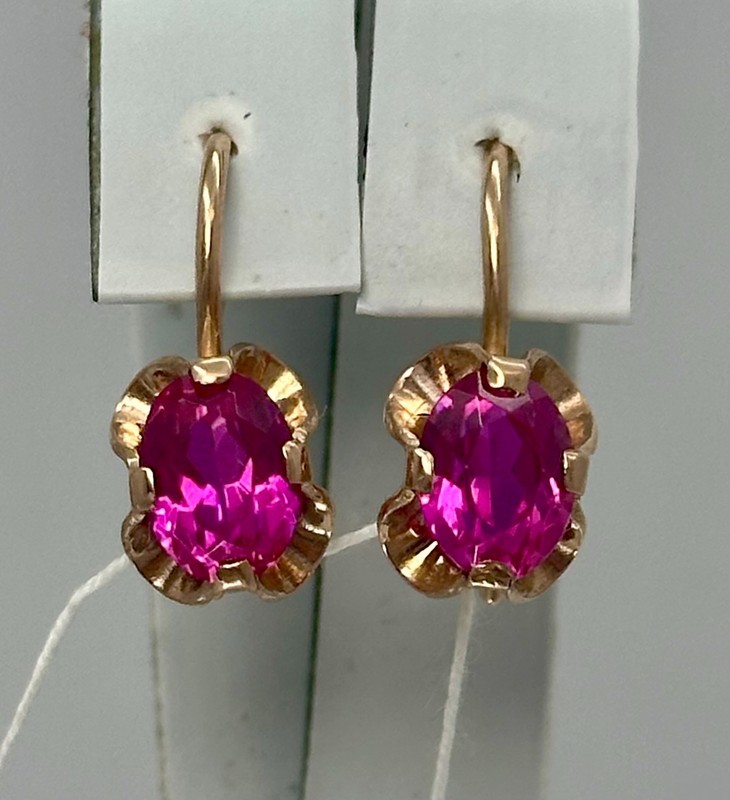 Vintage Original USSR 583 14K Solid Rose Gold Earrings with Lab Ruby, 3.01g gallery