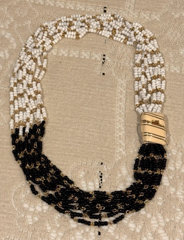 Vintage 10 Strand Black/White/Gold Beaded Chunky Statement Necklace/Cream Clasp gallery