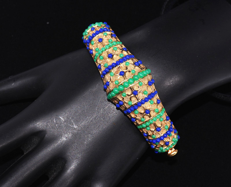 Sublime BOUCHER Navy BLUE and Forest GREEN Beaded GOLDTONE BANGLE Bracelet