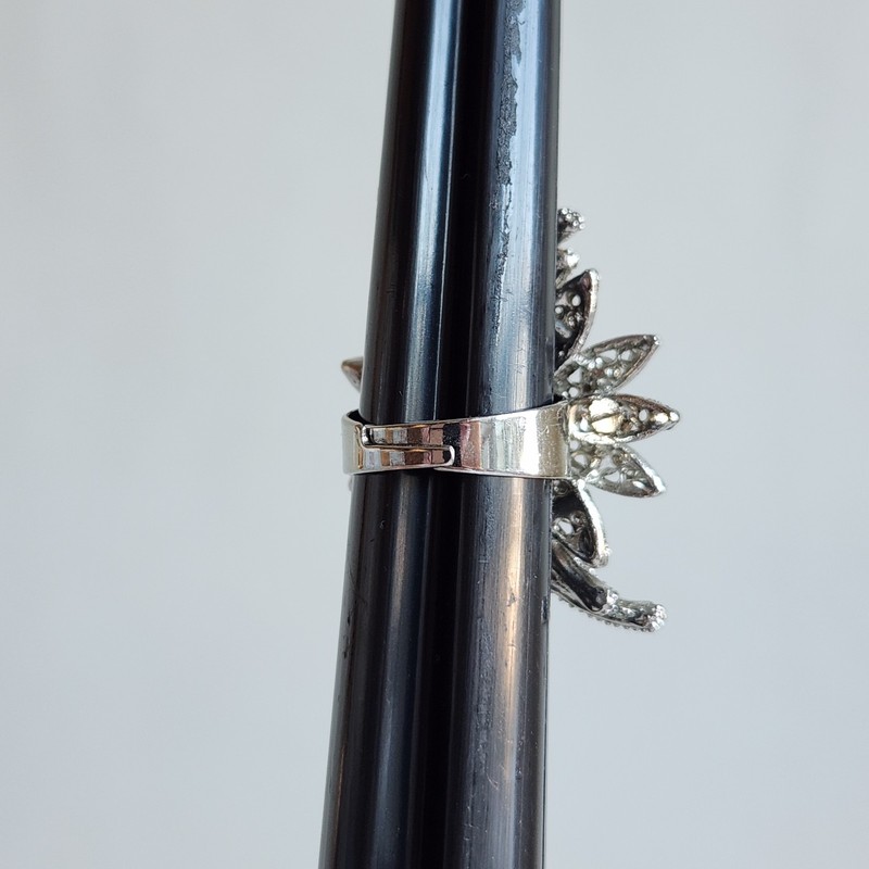 Adjustable Silver Tone Floral Rhinestone Statement Ring Smoky Crystal gallery