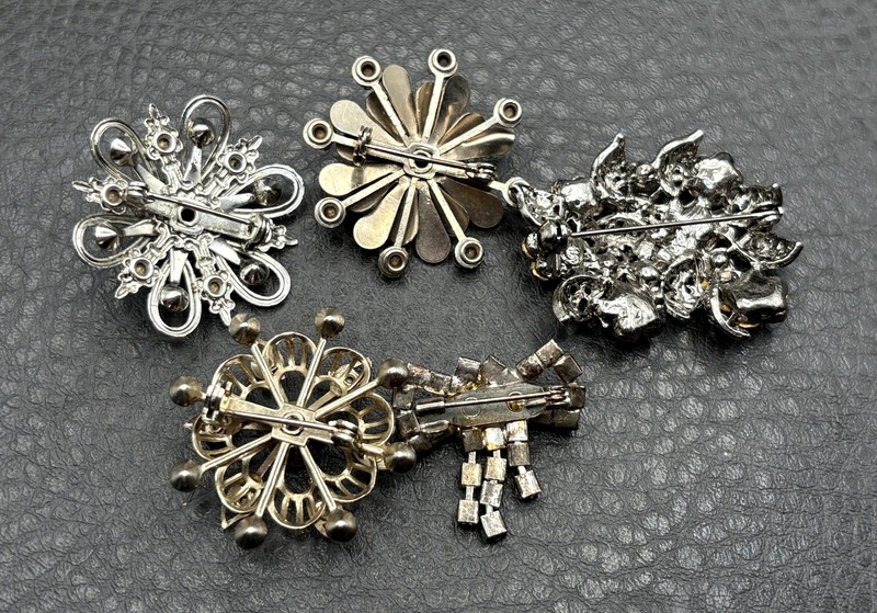 Vintage Rhinestone Brooch Lot Of 5 Floral Flower Bow Pin AB Aurora Borealis gallery
