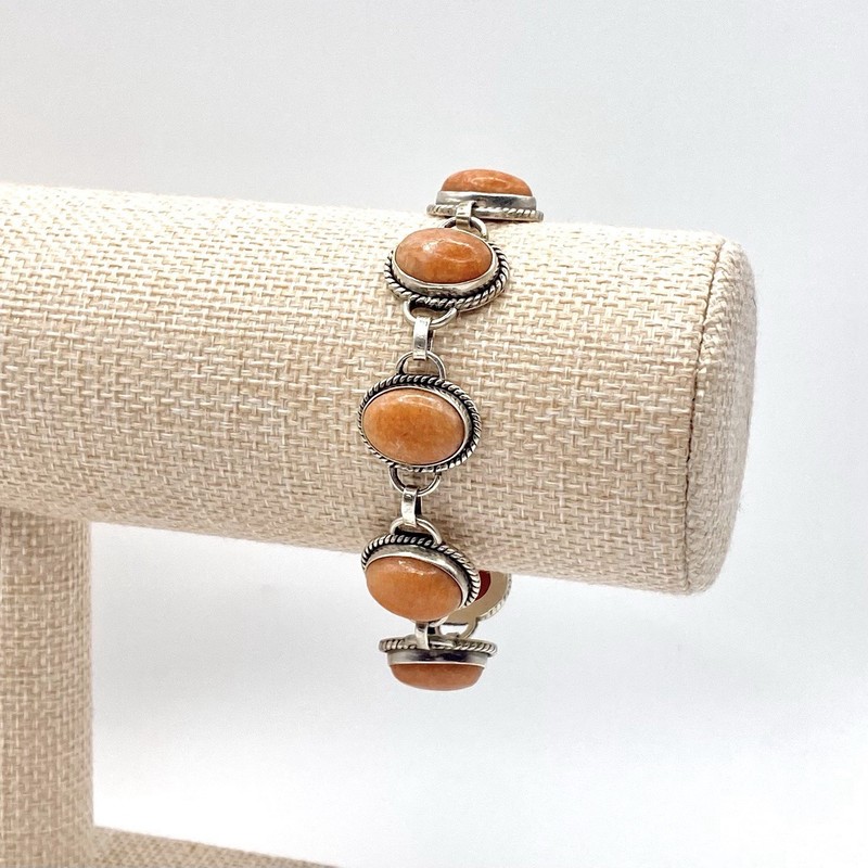 Vintage 925 Sterling Silver Gemstone Scarab Bracelet Toggle Cabochon Nude Pink gallery