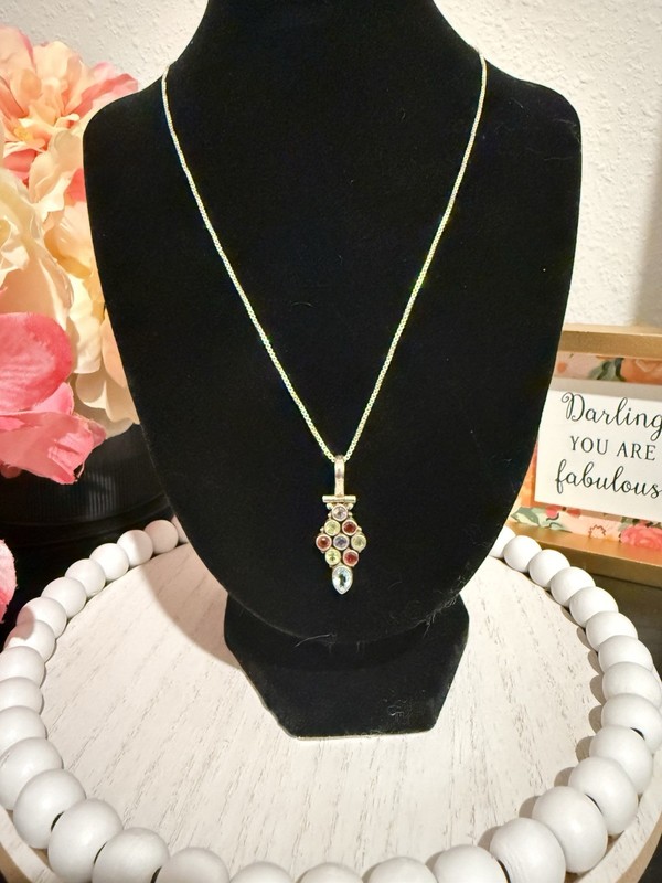 Vintage 925 Sterling Silver Multicolor Gemstone Cluster Pendant Necklace 18”