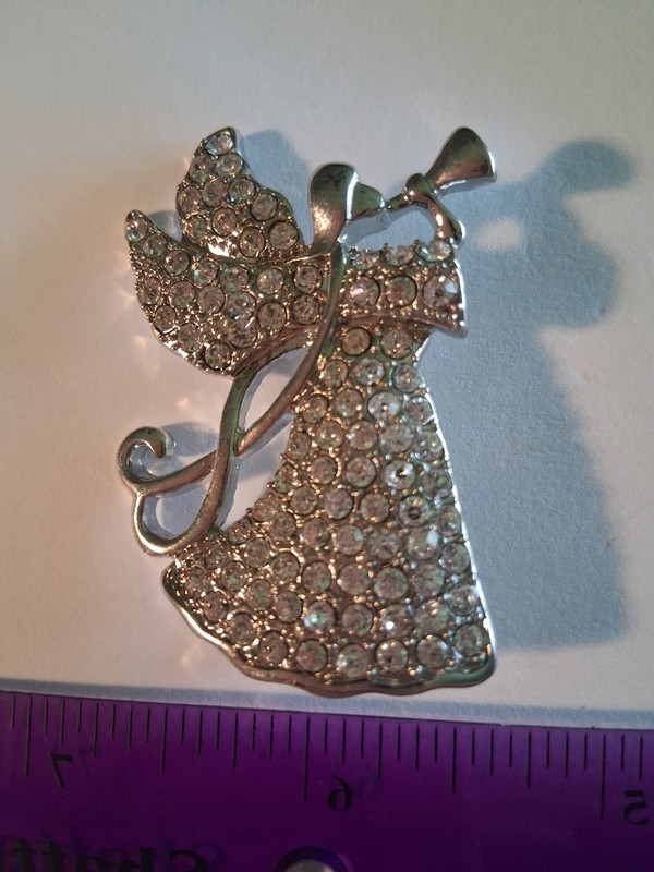Vintage MONET Silver Color Encrusted Rhinestones Angel Playing Horn Brooch Pin!