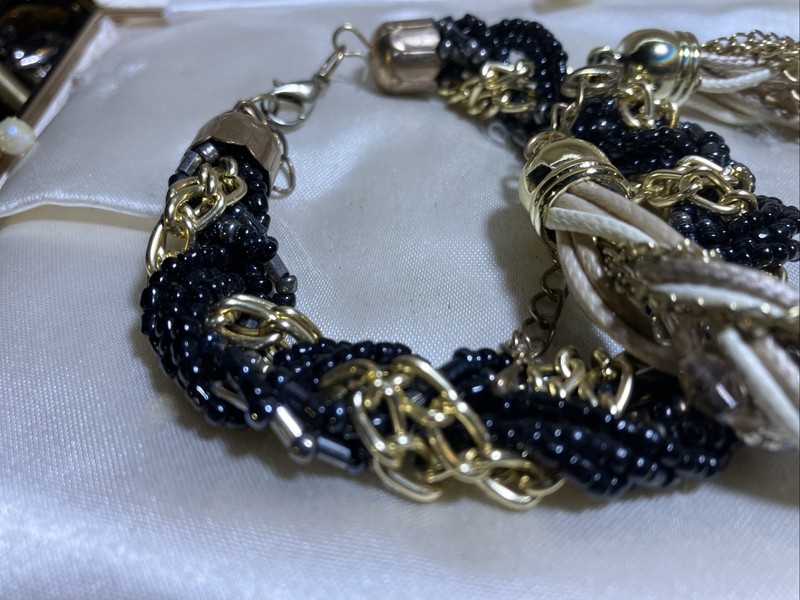Vintage Gold Tone Multi Chain Twisted, Beaded Crystal Bracelets Black White Gold gallery