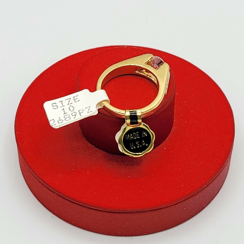 Vtg Sz 10 Ring Pink Clear Cubic Zirconia 18K GE Gold Electroplate Jewelry USA gallery