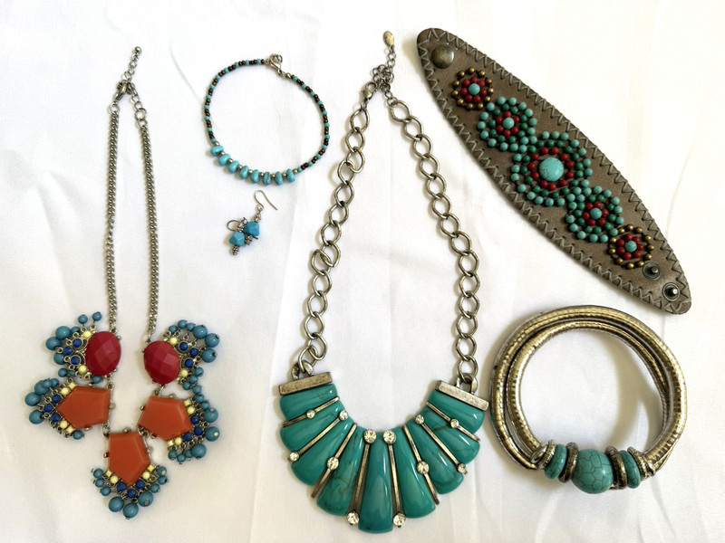 Vintage costume jewelry lot Faux Turquoise Western Southwestern Leather Cuff Set