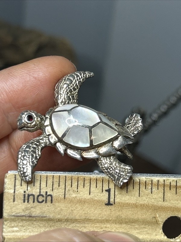 55. Vintage 925 Sterling TURTLE Red Eye Mop Pendant Cable chain Necklace 16" gallery