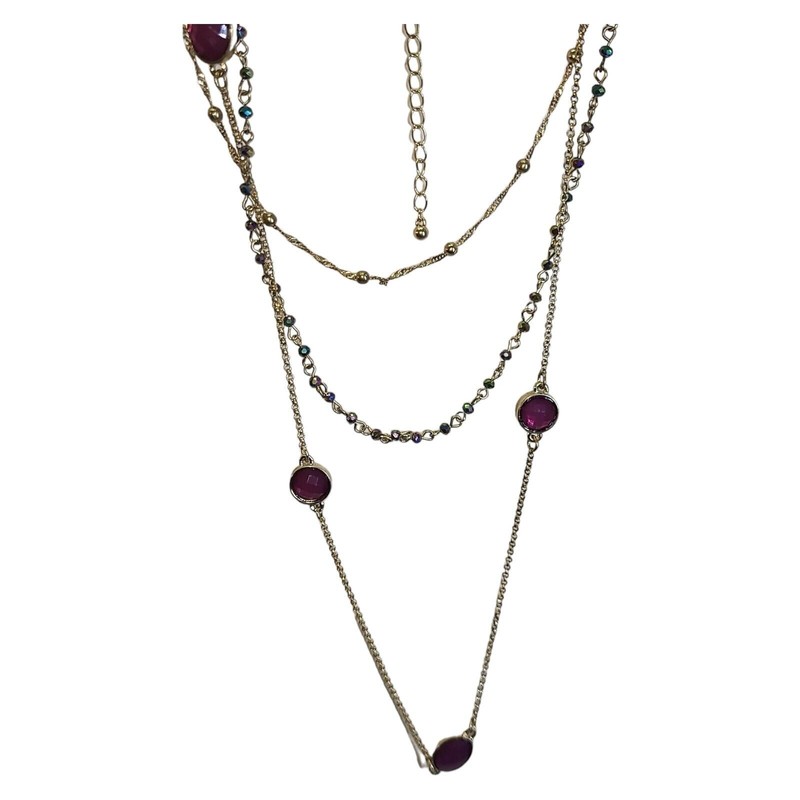 Gold Tone 3 Strand Aurora Borealis Crystal & Pink Acrylic Station Necklace 32" gallery