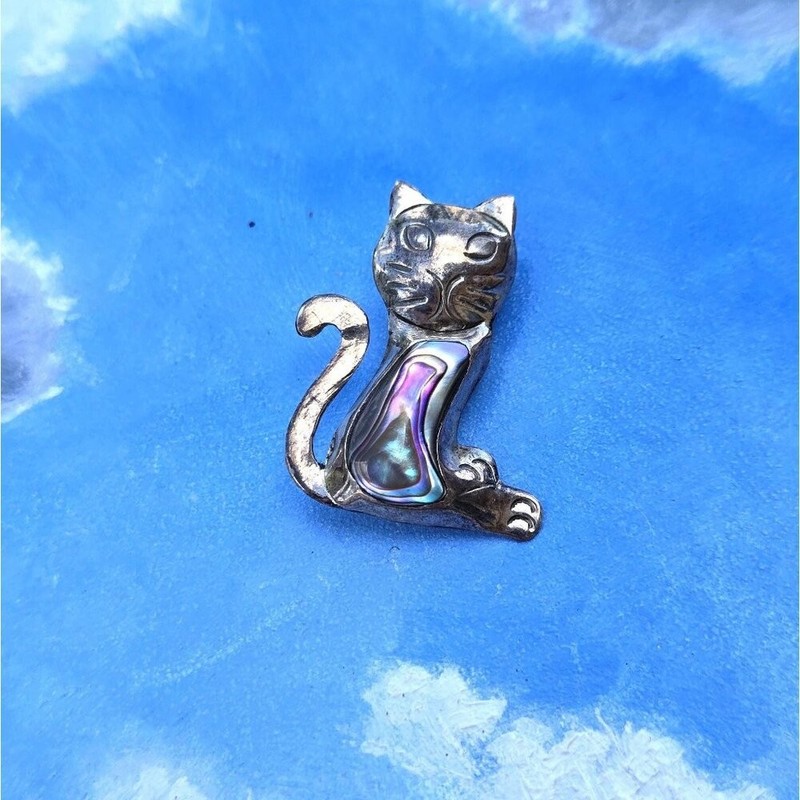Taxco Cat Brooch Pin Abalone Shell Sterling Silver Vintage Jewelry Cute Retro