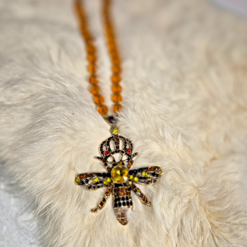 Vintage Inspired Art Deco Style Enamel Crystal Queen Bee Brooch with Glass Beads
