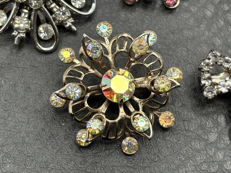 Vintage Rhinestone Brooch Lot Of 5 Floral Flower Bow Pin AB Aurora Borealis gallery