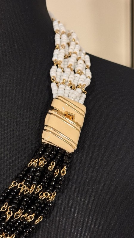 Vintage 10 Strand Black/White/Gold Beaded Chunky Statement Necklace/Cream Clasp gallery