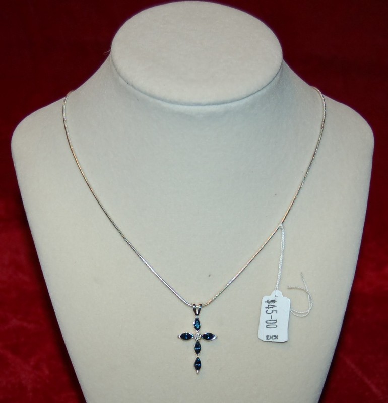 VINTAGE JEWELRY Necklace Blue Crystals Cross Pendant Chain ELEGANT!