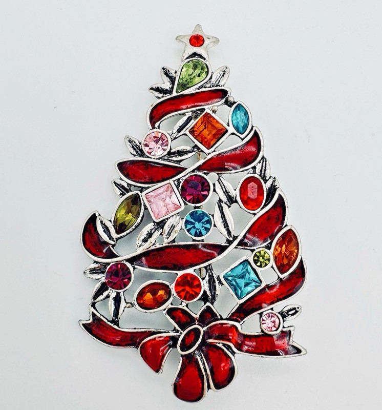 VTG Silver Tone Christmas Tree Brooch Pin Rhinestones Ribbon Multicolor 2 3/4 in