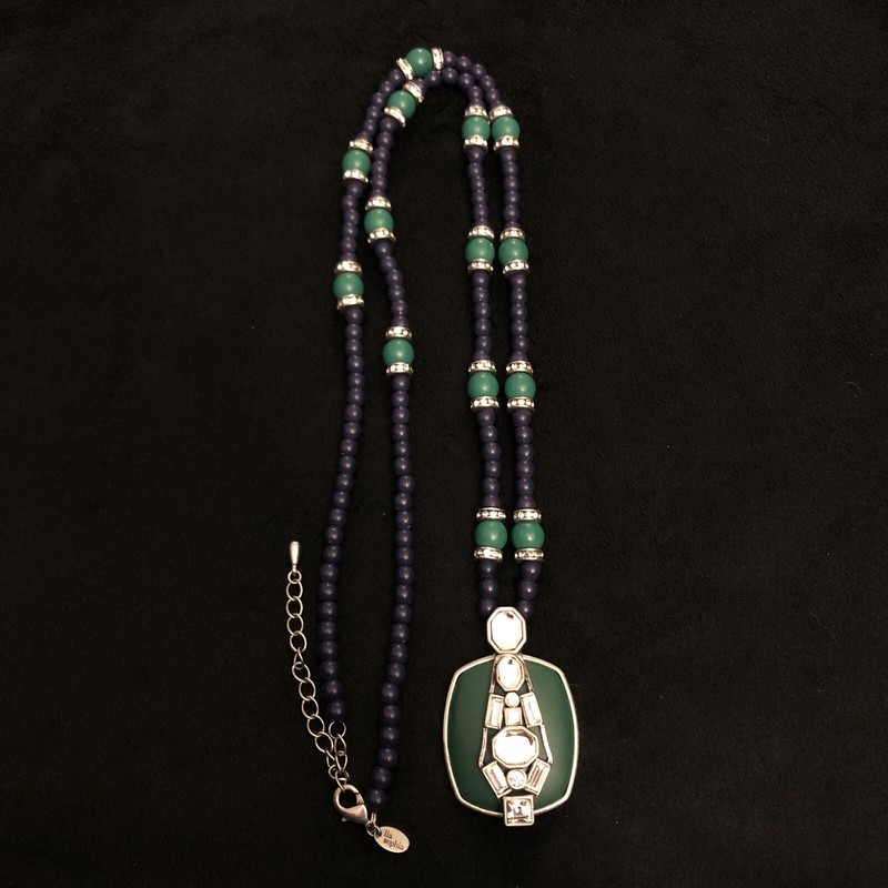 Lia Sophia Navy Blue & Green Bead Rhinestone Pendant Necklace