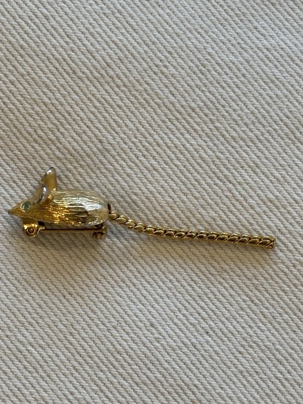 Cute Vintage Little Mouse Pin With Tiny Tail And Aqua blue Rhinestone Eyes SALE gallery