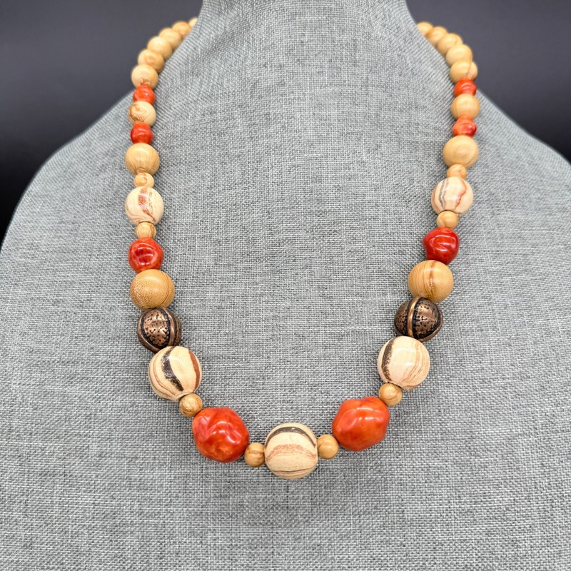 Vintage Necklace MCM Beaded Acrylic Wood Orange Cream Brown 25 Inches Mid Mod