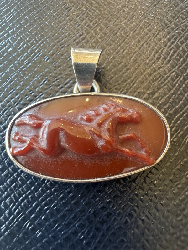 Sterling Silver Carved Carnelian Intaglio Pendant Horse Symbolizing Power