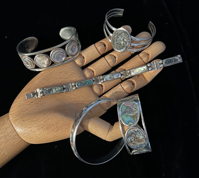 5 pc Vintage 60s 70s Alpaca Silver Mexico Abalone Cuff Bangle Panel Bracelet Lot gallery