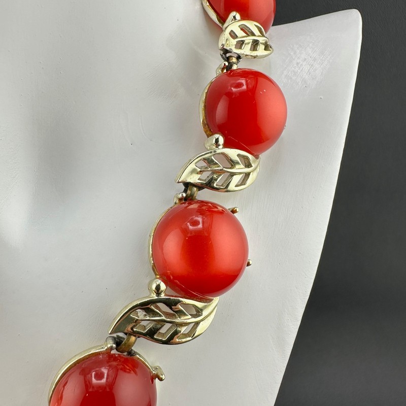 Vintage Moonglow Thermoset Necklace Bracelet Set Cherry Red Gold Tone Leaves gallery