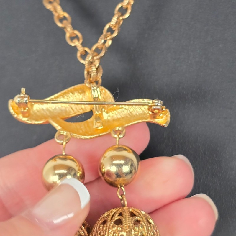 Vintage Gold-Tone Statement Brooch Textured Dangle Necklace W/ Chain Tassels gallery