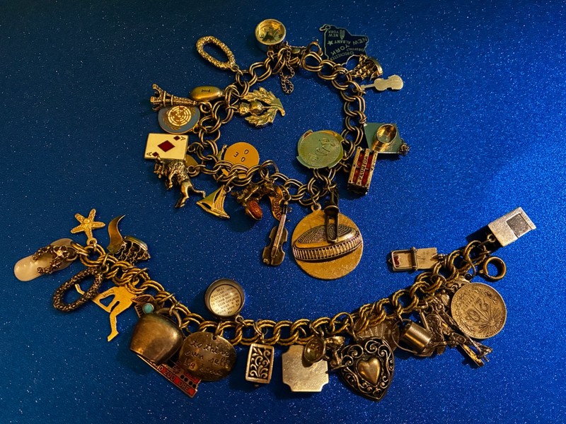 💥TWO vintage Charm Bracelets! Sterling Silver/12kGF 119 Grams 42 UNIQUE charms!