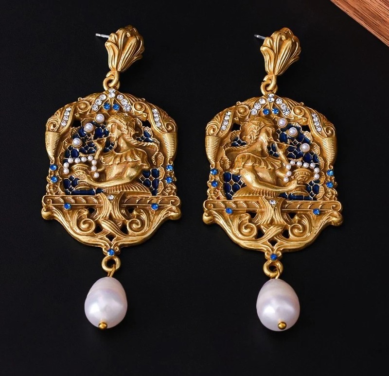 Vintage French Oil Painting Pearl Enamel Pendant Earrings, Royal Golden gallery