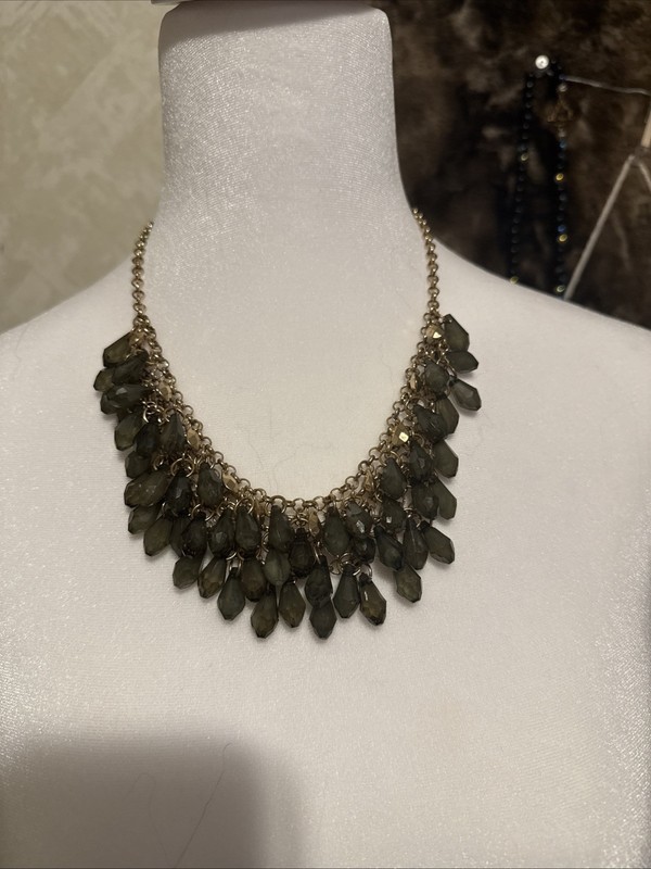 Vintage Green Glass Beaded Bib Statement Necklace On A Gold Chain