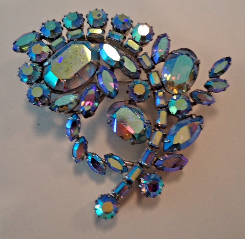 Sherman Vintage Blue Iridescent Vintage 2-3/4 Inch x 2-1/2 Inch Brooch Pin