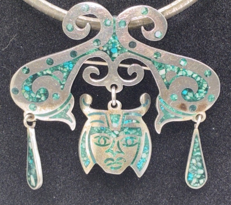 MCM 925 Sterling Silver Brooch Pendant mask turquoise inlay & 925 choker