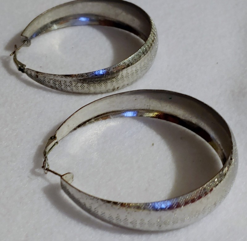 Large – Pierced Hoop Earrings Silver Tone – Textured – 3/4 in W x 2 1/2 in Dia